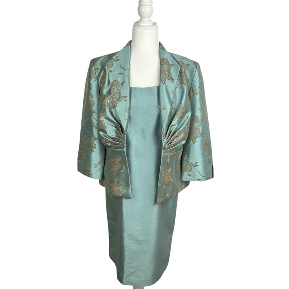 VTG JESSICA HOWARD Seaglass Blue Sheath Dress with Brocade Jacket 10P MOB MOG - Picture 2 of 15